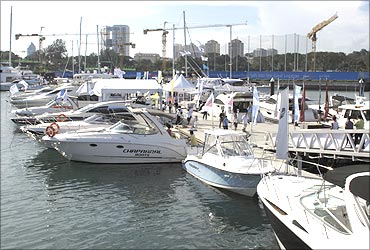 Boats are seen docked during the Boat Asia show in Singapore.