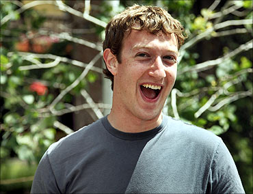 Mark Zuckerberg, Facebook CEO and founder laughs outside the Sun Valley Inn in Sun Valley, Idaho.