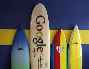 Surfboards lean against a wall at the Google office in Santa Monica, California.