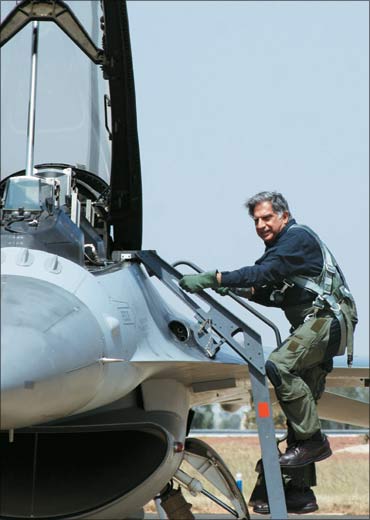 Ratan Tata getting on to the Falcon F18.