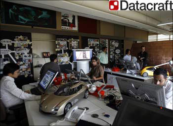 The office on an IT animation firm in Delhi. (Inset) Datacraft India logo.