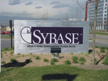 A board off a Sybase campus in Greenwood, US.