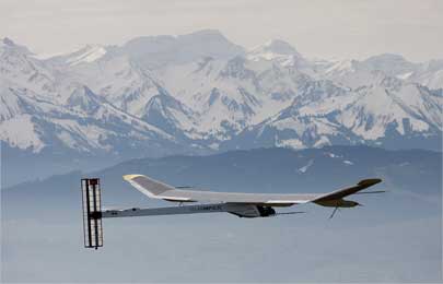 The solar-powered Solar Impulse HB-SIA prototype airplane during its first flight.