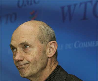 WTO Director-General Pascal Lamy looks on during a news conference.