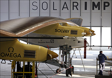 Solar Impulse HB-SIA in the firm's hangar in Payerne on July 1, 2010.