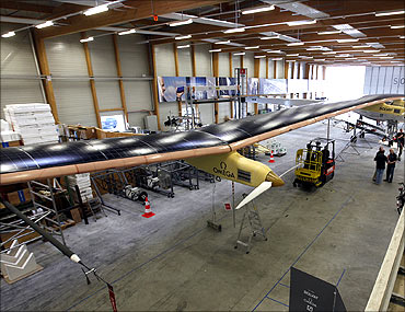 Solar Impulse HB-SIA prototype airplane in the firm's hangar in Payerne on July 1, 2010.
