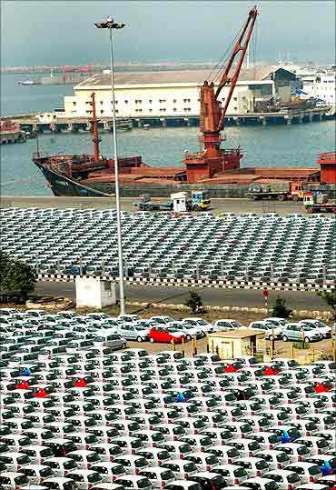 Hyundai cars are seen at a port ready for shipment in Chennai.