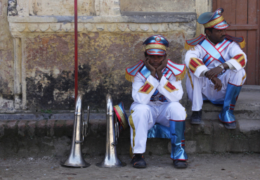 Musicians take a rest in Haridwar.