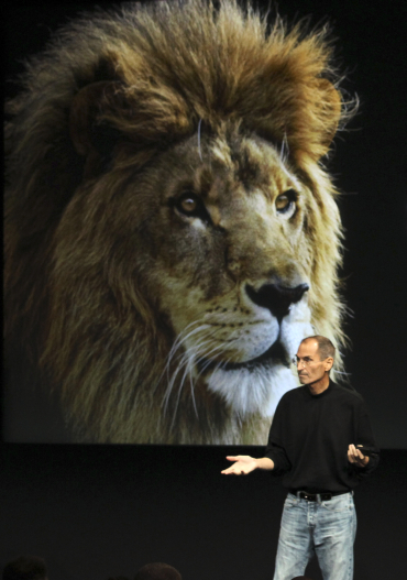 Jobs unveiling the latest Mac operating system software named Lion.