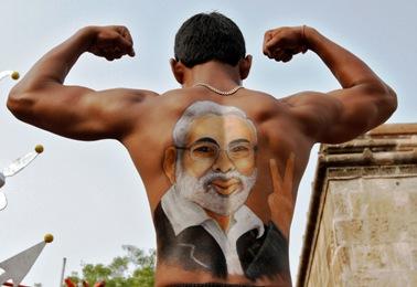 A supporter of Gujarat Chief Minister Narendra Modi during a rath yatra in Ahmedabad