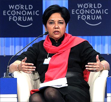 Chairman and chief executive officer PepsiCo Indra Nooyi attends a session at the World Economic Forum (WEF) in Davos.