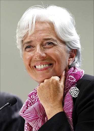 IMF MD Christine Lagarde holds a news briefing at the International Monetary Fund headquarters.
