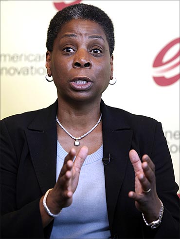 Xerox CEO Ursula Burns speaks at a news conference with fellow US executives in Washington.