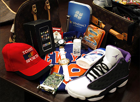 Counterfeit goods seized by the U.S. government are shown on display at the National Intellectual Property Rights Coordination Center in northern Virginia.