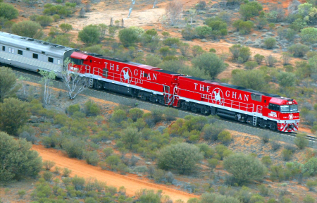 Twin locomotives pull the outback Australian train known as the Ghan.