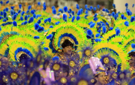 Revellers parade for Unidos de Vila Maria samba school during Carnival in Sao Paulo.