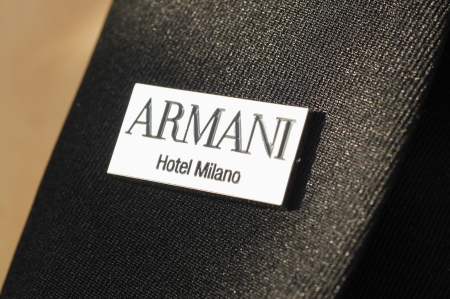 A pin is pictured after the opening ceremony of the Armani Hotel Milano in Milan.