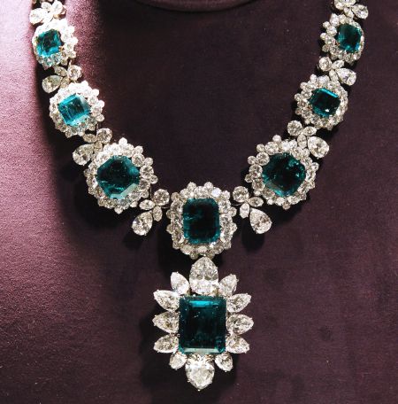 An emerald and diamond necklace by Bvlgari is pictured at the press preview for Christie's auction in Los Angeles.