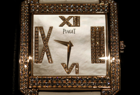 A watch is displayed in Swiss luxury brand Piaget's store at the Bahnhofstrasse in Zurich.