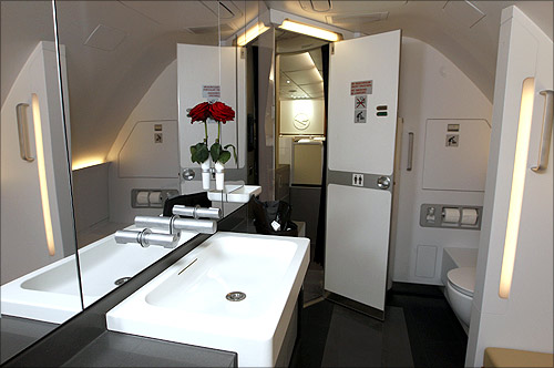 first class restroom of a Lufthansa Airbus A380.
