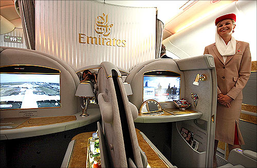 Interior in the first class section on board an Airbus A380 passenger plane of Emirates Airline.