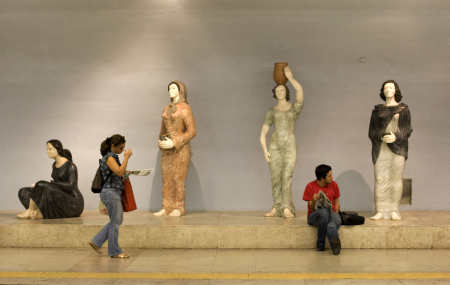 Passengers wait for their trains at Lisbon's subway station. All subway stations in Lisbon have been decorated and designed by painters, sculptors, architects and designers from all over the world.