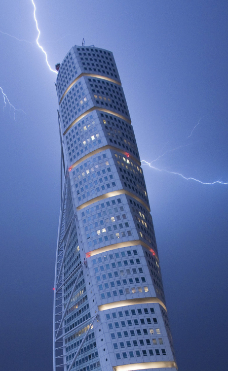 Lightning strikes the Turning Torso building in Malmo.