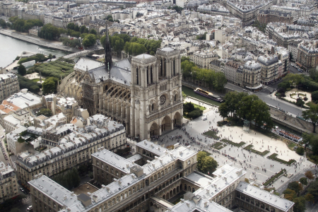 The Notre Dame Cathedral is seen in an aerial view in Paris.
