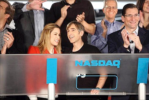 Zynga CEO Mark Pincus and his wife Ali at the Nasdaq exchange on the company's IPO day in San Francisco.