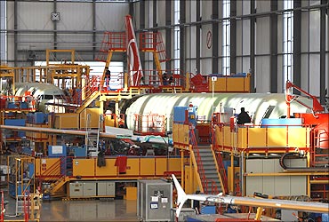 Airbus employees at the A320 production line at the aircraft maker's unit.