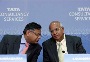 TCS CEO N Chandrasekhar with former TCS boss S Ramadorai (right).