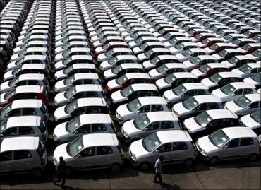 Hyundai cars ready for shipment at a port in Chennai.