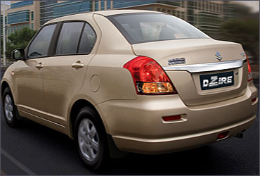 Side-rear view of Maruti Swift Dzire.