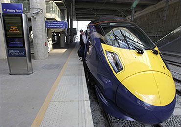 A high speed 'Javelin' train waits at a platform at Stratford International Station, east London.