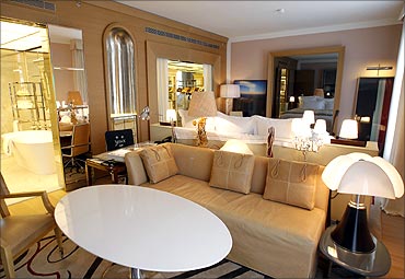 A view of a suite at the luxury Royal Monceau Raffles Hotel in Paris.