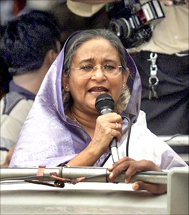 Bangladeshi Prime Minister Sheikh Hasina speaks to her supporters in Dhaka.