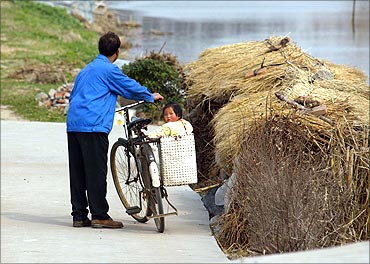 A Chinese girl sits on her father's bicycle in a Shanghai suburb.