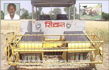 Reaper windrower machine, Bhagwan Singh Dangi (inset).