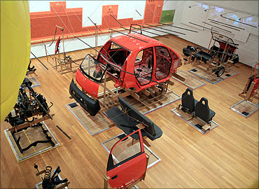 A dismantled Tata Nano at the 'Unpacking the Nano' symposium at Cornell University in Ithaca, New York.