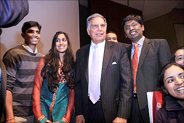 Ratan Tata with some students at the Cornell University.