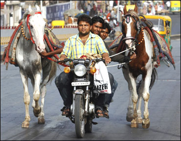 Horse owners ride on a motorbike as they pull their horses along a road in Ahmedabad.