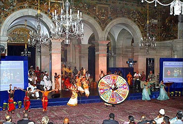 Indian and African dancers perform during a cultural programme at Rashtrapati Bhavan.