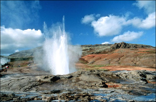 The erupting Geysir in Haukadalur valley, the oldest known geyser in the world.