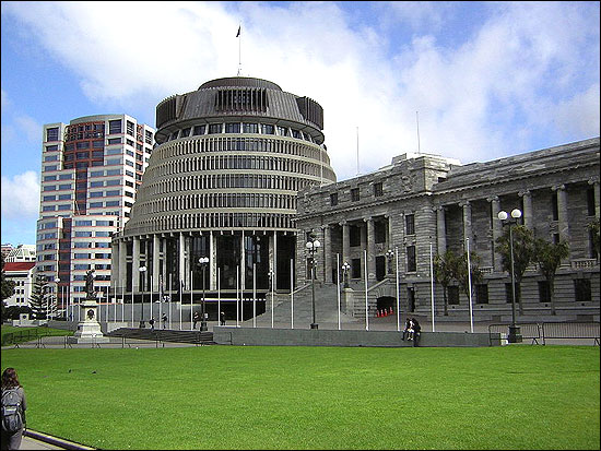 New Zealand government Beehive and the Parliament Buildings, in Wellington.
