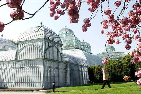 A visitor walks past one of a hothouse on the grounds of the Belgian royal family's residence of Laeken in Brussels.