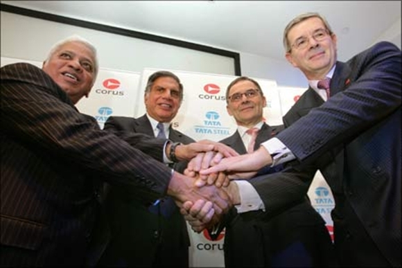 Mutharaman, Tata Steel MD; Ratan Tata, Tata chairman; J Leng, Corus chair; and P Varin, Corus CEO.