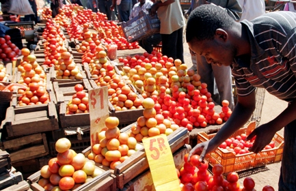 A man buys tomatoes at a vegetable market in Mbare.