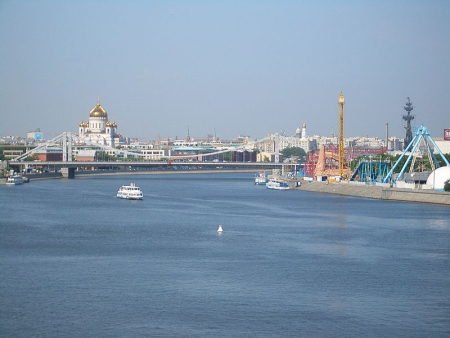 Moscow River near Gorky Park, with Crimea Bridge and Cathedral of Christ the Saviour in the background.