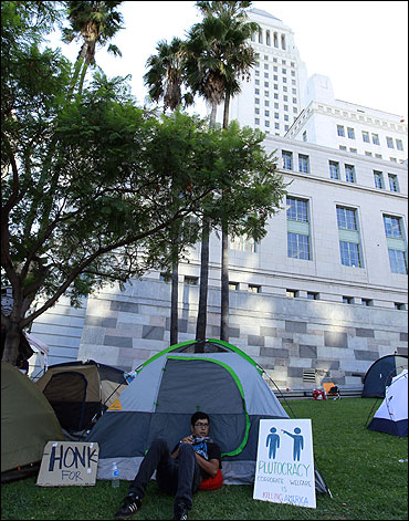 Protesters camp in front of City Hall in support of the New York Occupy Wall Street protests in Los Angeles, California.