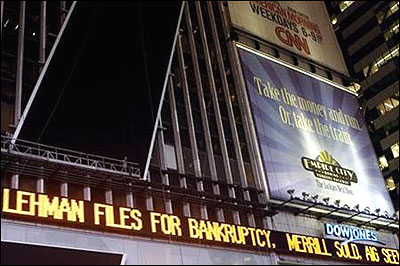Lehman Brothers name moves across a news ticker in New York's Times Square September 15, 2008.